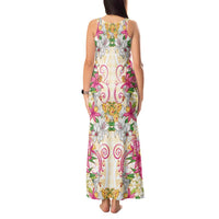 Hawaii Palaka Tank Maxi Dress Yellow Tribal Pattern With Tropical Flowers - Polynesian Pride
