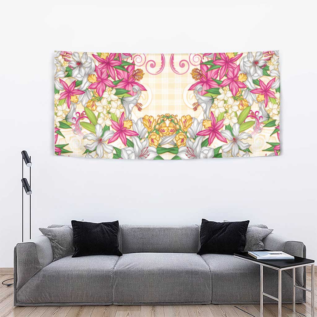 Hawaii Palaka Tapestry Yellow Tribal Pattern With Tropical Flowers - Polynesian Pride