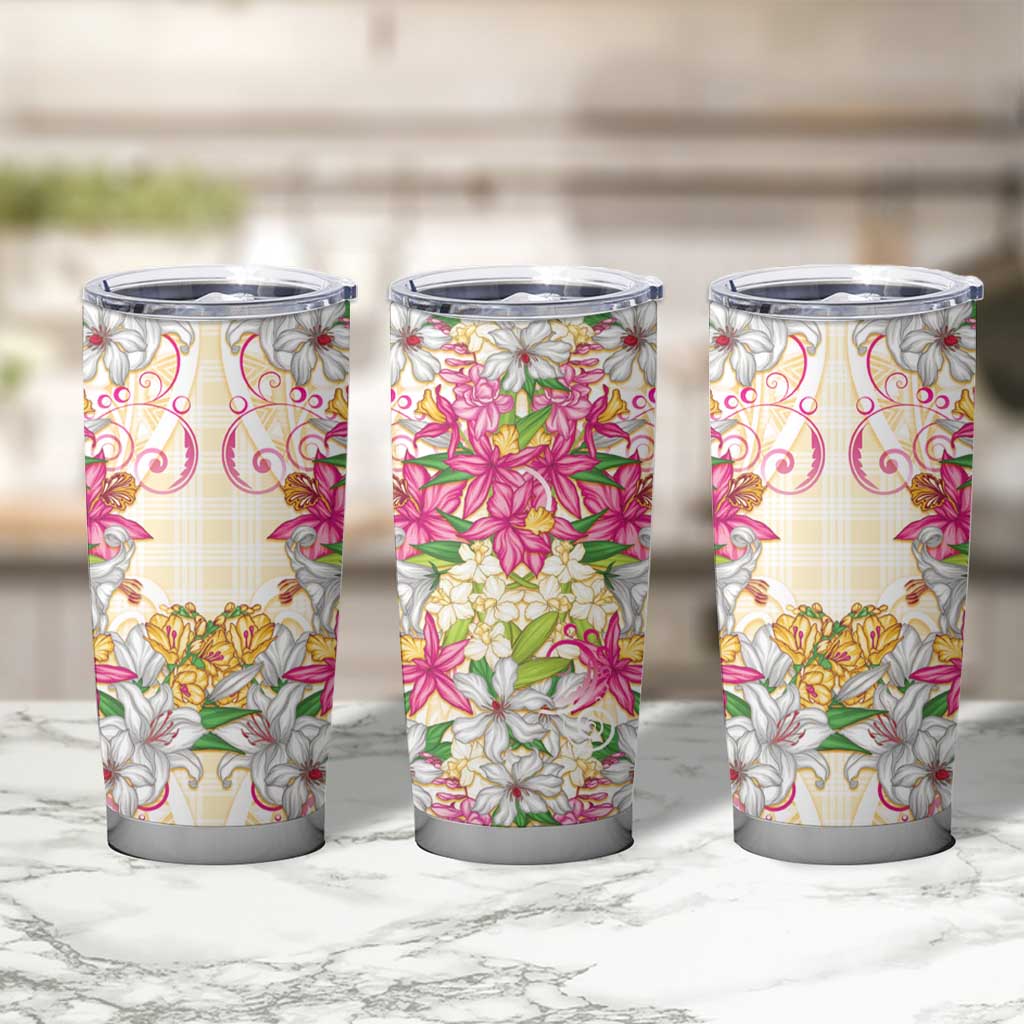 Hawaii Palaka Tumbler Cup Yellow Tribal Pattern With Tropical Flowers - Polynesian Pride