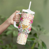 Hawaii Palaka Tumbler With Handle Yellow Tribal Pattern With Tropical Flowers - Polynesian Pride