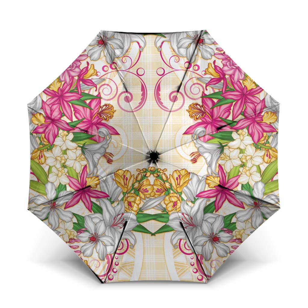 Hawaii Palaka Umbrella Yellow Tribal Pattern With Tropical Flowers - Polynesian Pride