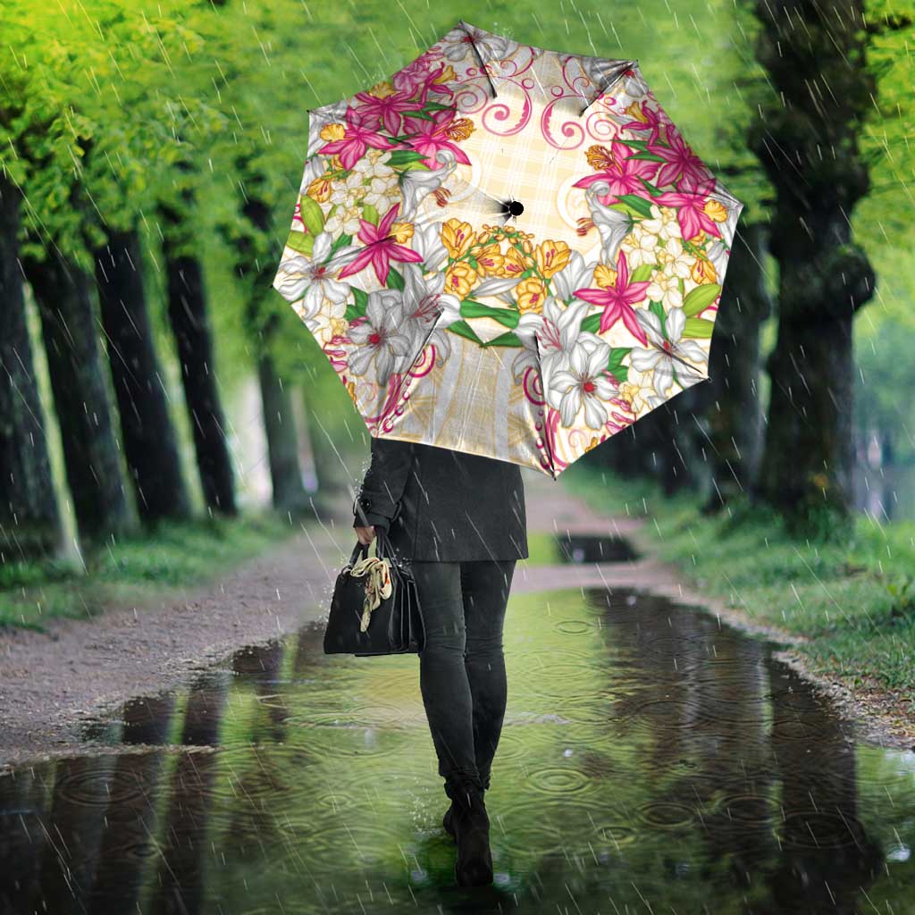 Hawaii Palaka Umbrella Yellow Tribal Pattern With Tropical Flowers - Polynesian Pride