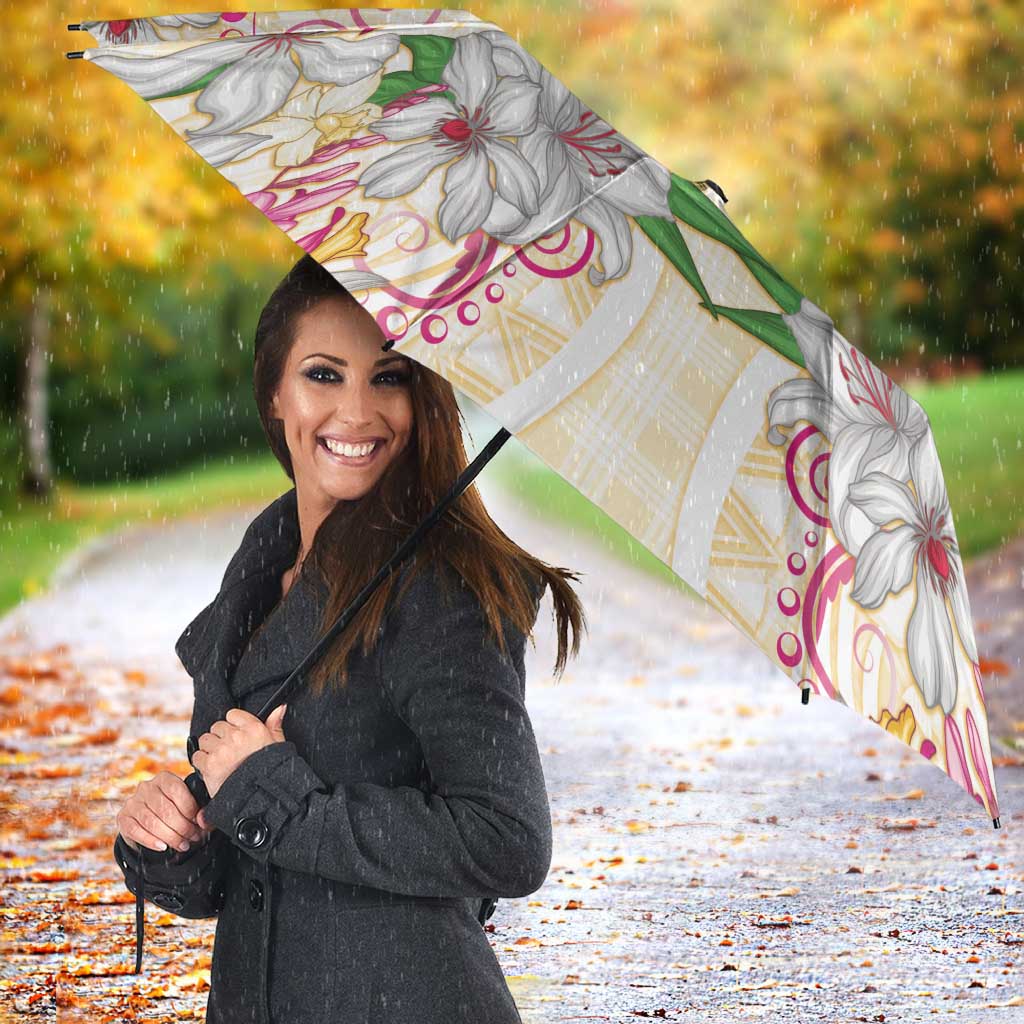 Hawaii Palaka Umbrella Yellow Tribal Pattern With Tropical Flowers - Polynesian Pride