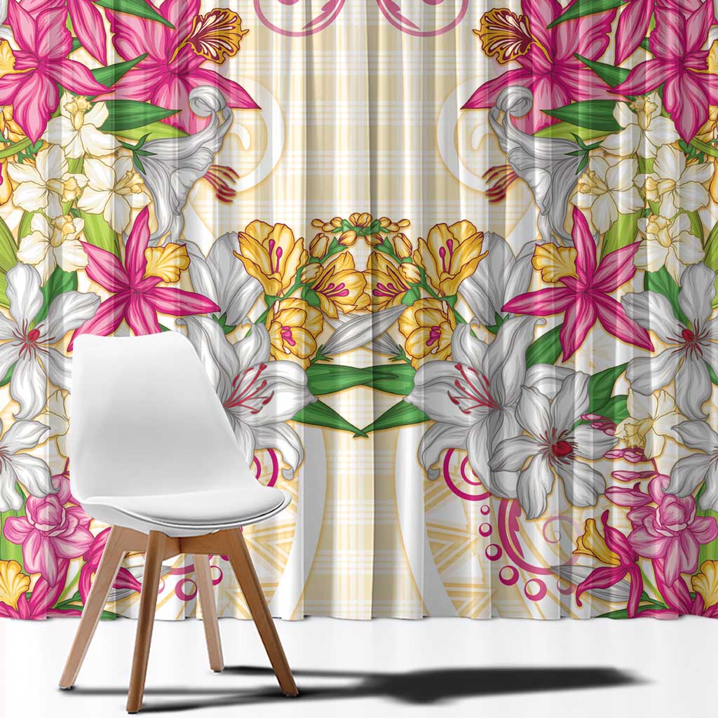 Hawaii Palaka Window Curtain Yellow Tribal Pattern With Tropical Flowers - Polynesian Pride
