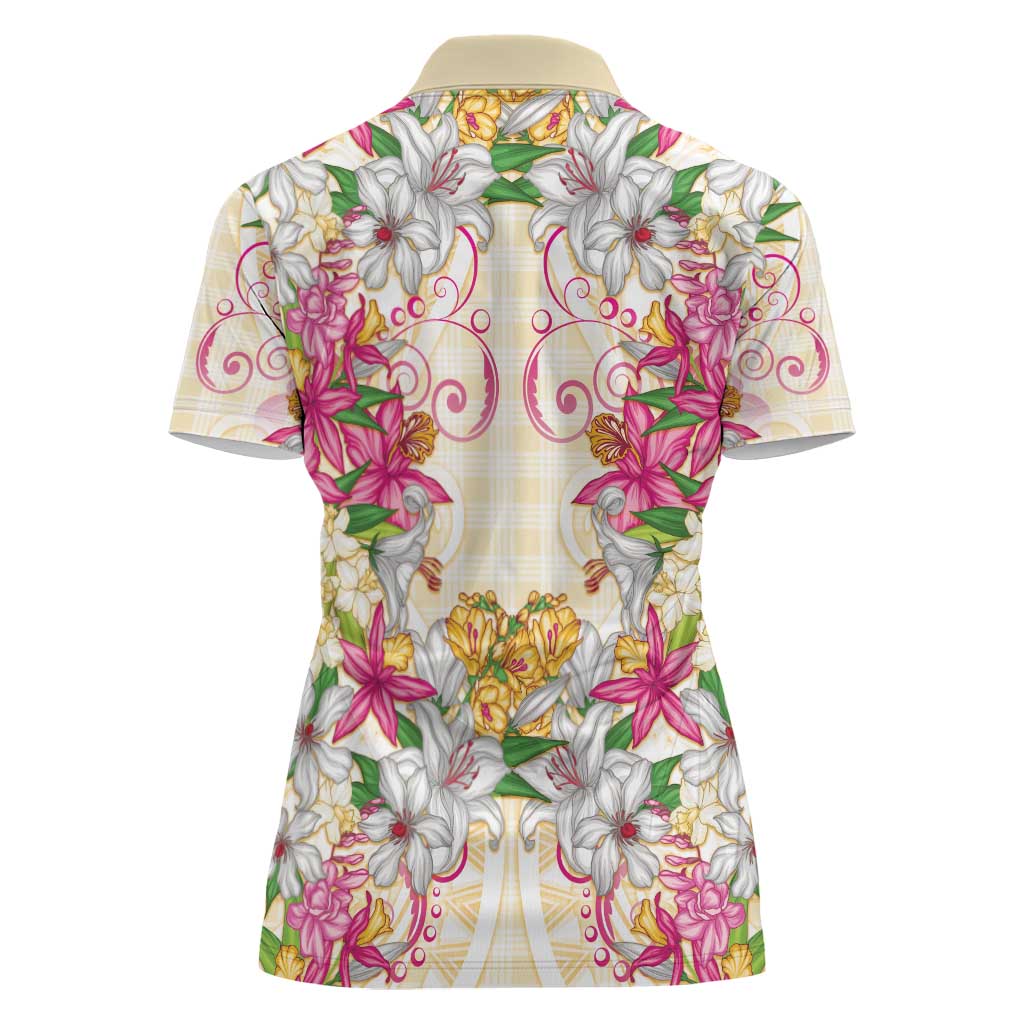 Hawaii Palaka Women Polo Shirt Yellow Tribal Pattern With Tropical Flowers - Polynesian Pride