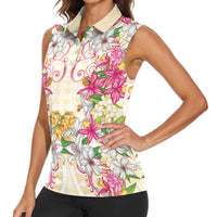 Hawaii Palaka Women Sleeveless Polo Shirt Yellow Tribal Pattern With Tropical Flowers - Polynesian Pride