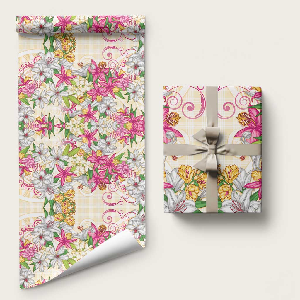 Hawaii Palaka Wrapping Paper Yellow Tribal Pattern With Tropical Flowers - Polynesian Pride