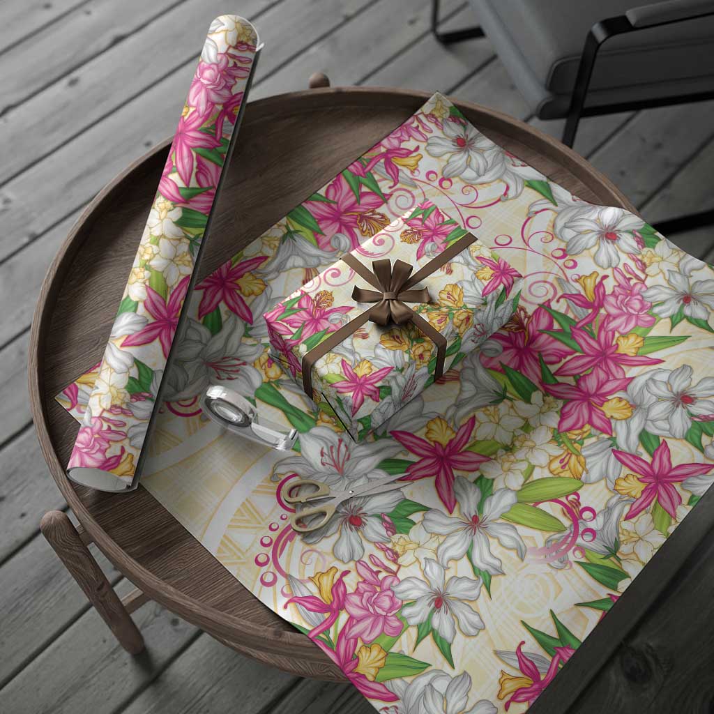 Hawaii Palaka Wrapping Paper Yellow Tribal Pattern With Tropical Flowers - Polynesian Pride