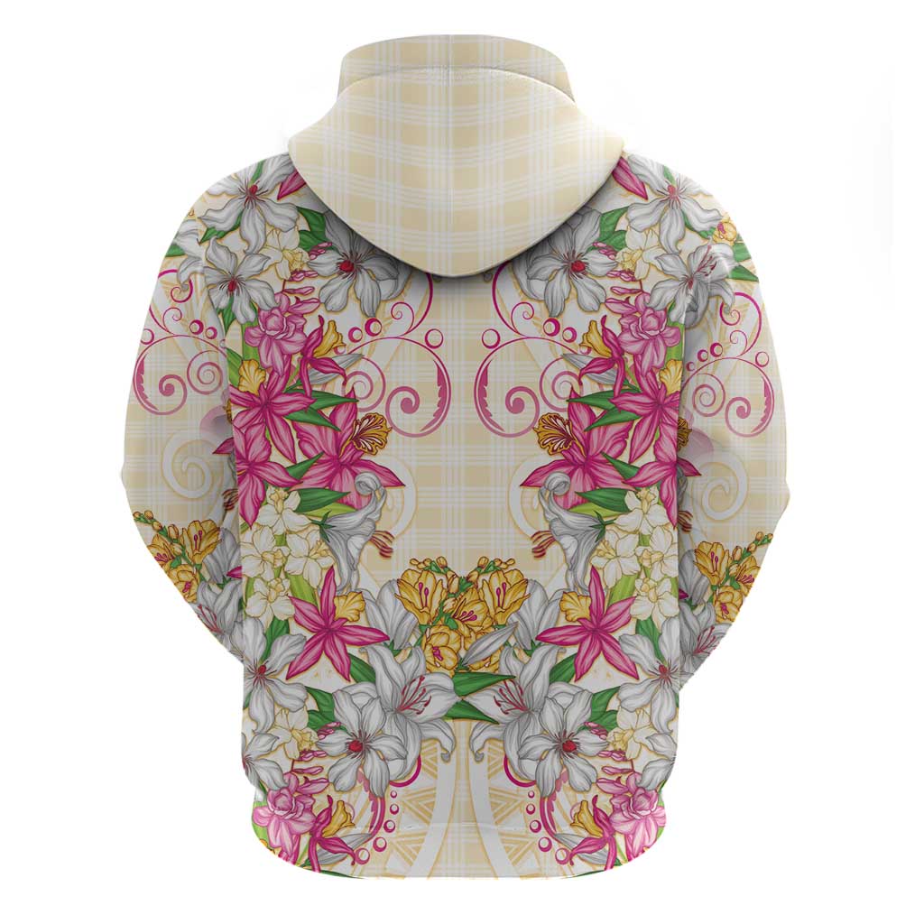 Hawaii Palaka Zip Hoodie Yellow Tribal Pattern With Tropical Flowers - Polynesian Pride