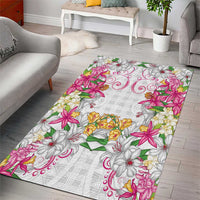 Hawaii Palaka Area Rug White Tribal Pattern With Tropical Flowers - Polynesian Pride