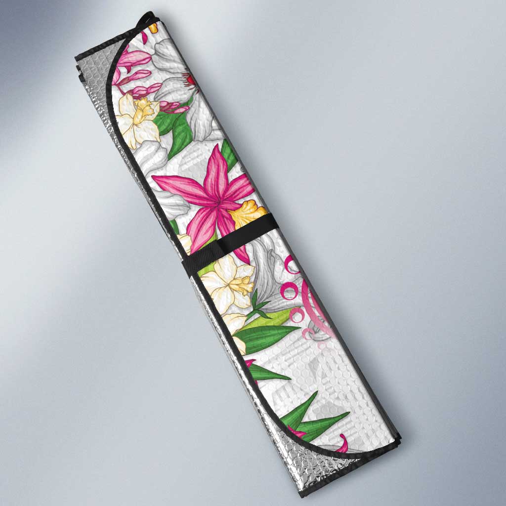 Hawaii Palaka Auto Sun Shade White Tribal Pattern With Tropical Flowers - Polynesian Pride