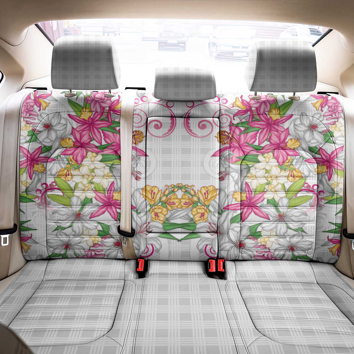 Hawaii Palaka Back Car Seat Cover White Tribal Pattern With Tropical Flowers - Polynesian Pride