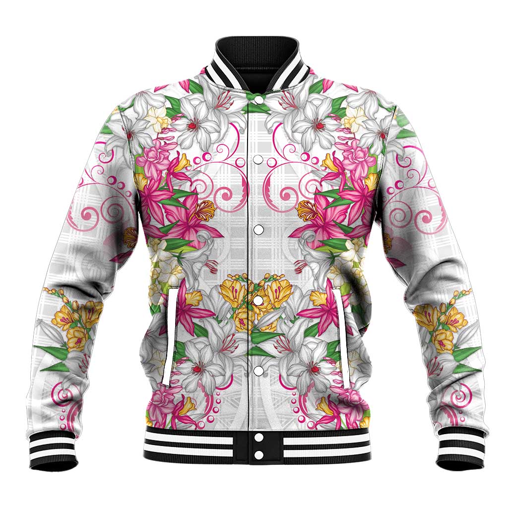 Hawaii Palaka Baseball Jacket White Tribal Pattern With Tropical Flowers - Polynesian Pride