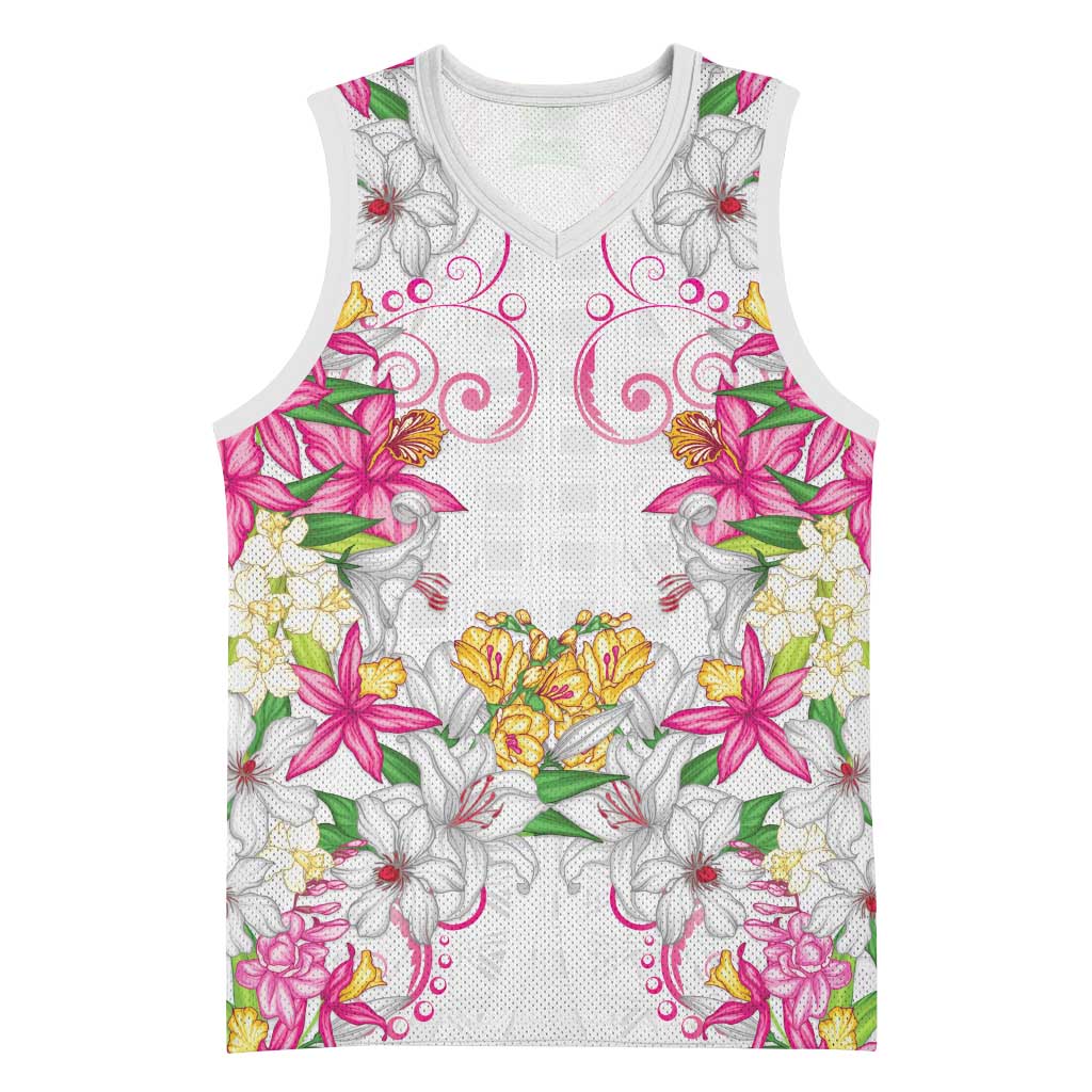 Hawaii Palaka Basketball Jersey White Tribal Pattern With Tropical Flowers - Polynesian Pride