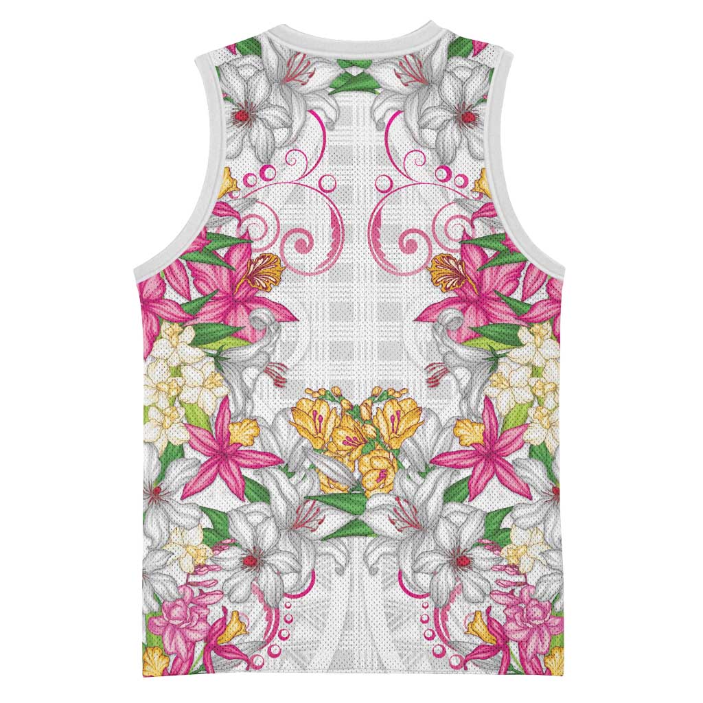 Hawaii Palaka Basketball Jersey White Tribal Pattern With Tropical Flowers - Polynesian Pride