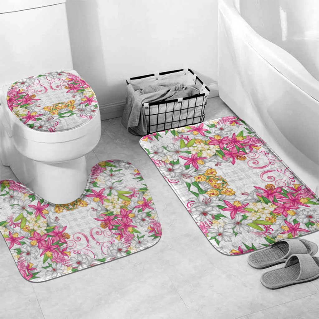 Hawaii Palaka Bathroom Set White Tribal Pattern With Tropical Flowers - Polynesian Pride
