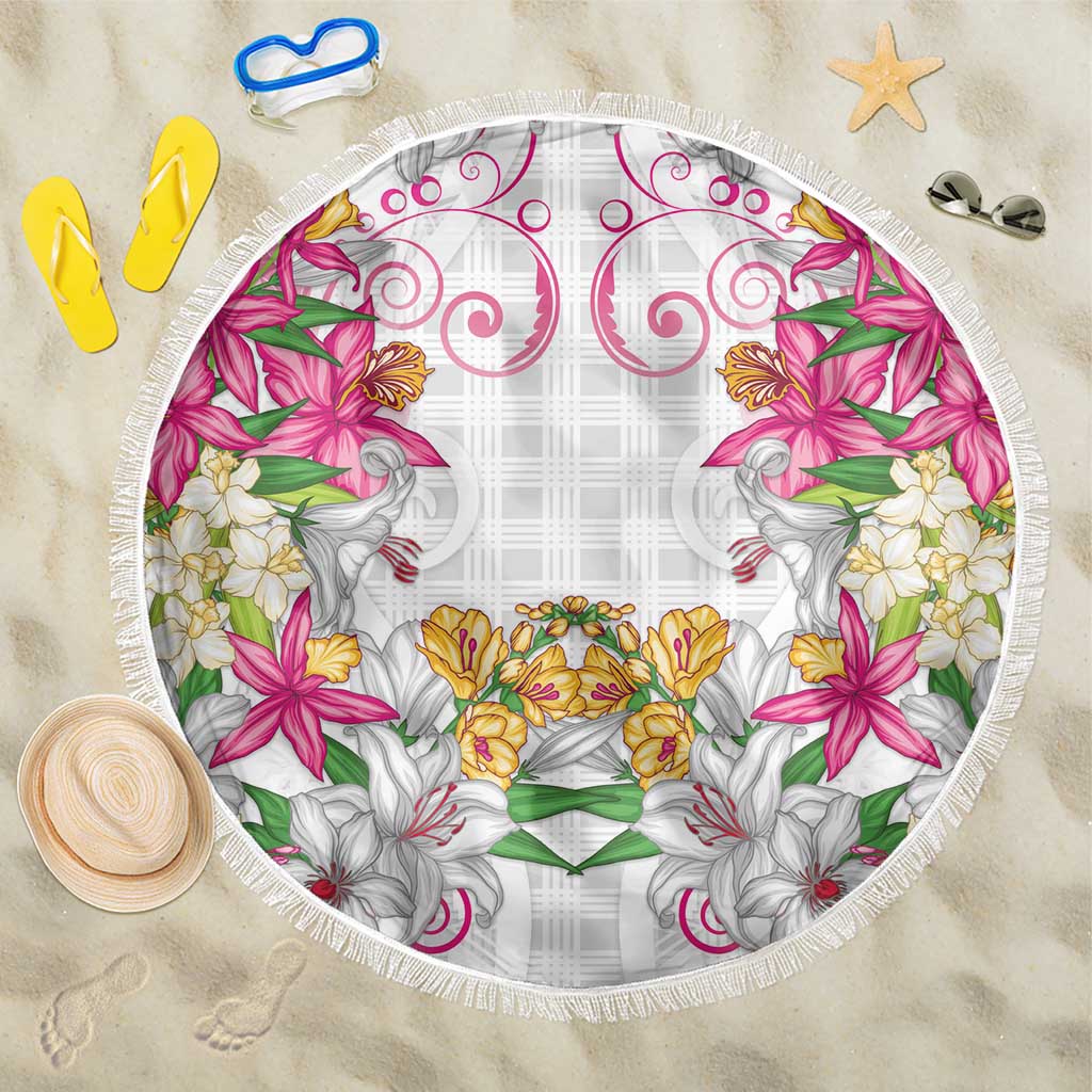 Hawaii Palaka Beach Blanket White Tribal Pattern With Tropical Flowers - Polynesian Pride