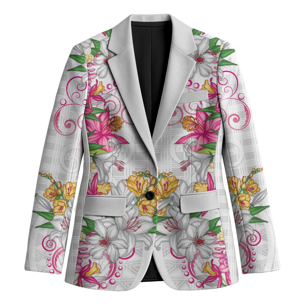 Hawaii Palaka Blazer White Tribal Pattern With Tropical Flowers - Polynesian Pride