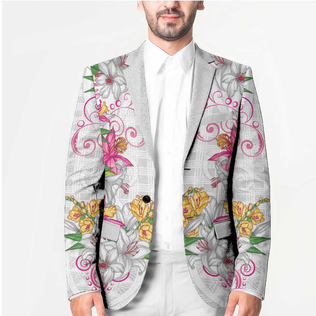 Hawaii Palaka Blazer White Tribal Pattern With Tropical Flowers - Polynesian Pride
