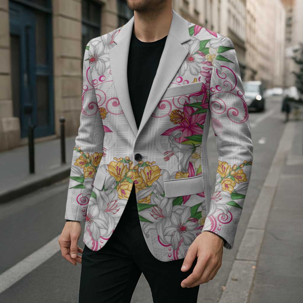Hawaii Palaka Blazer White Tribal Pattern With Tropical Flowers - Polynesian Pride