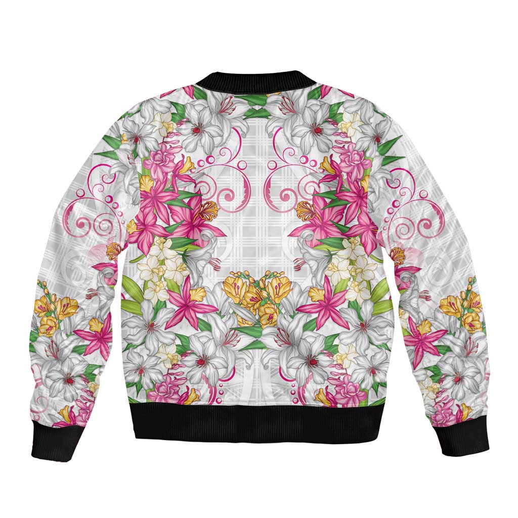 Hawaii Palaka Bomber Jacket White Tribal Pattern With Tropical Flowers - Polynesian Pride