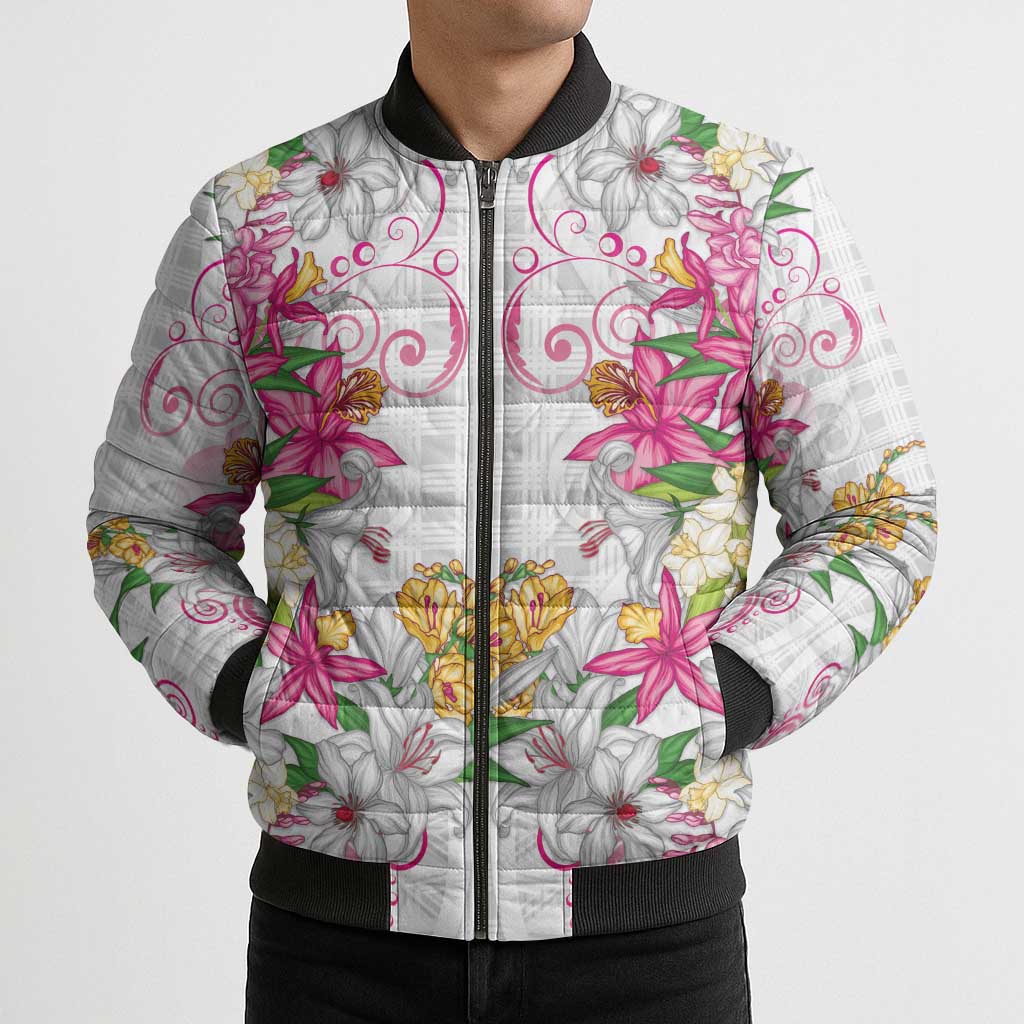 Hawaii Palaka Bomber Puffer Jacket White Tribal Pattern With Tropical Flowers - Polynesian Pride