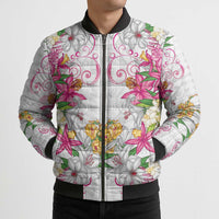 Hawaii Palaka Bomber Puffer Jacket White Tribal Pattern With Tropical Flowers - Polynesian Pride