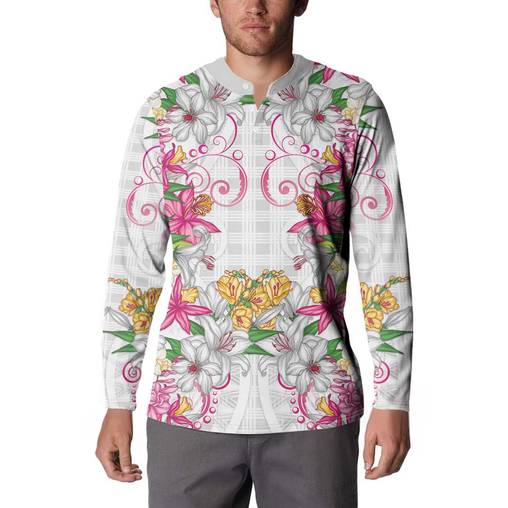 Hawaii Palaka Button Sweatshirt White Tribal Pattern With Tropical Flowers - Polynesian Pride