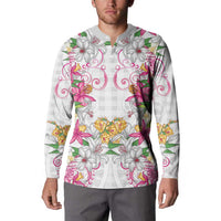 Hawaii Palaka Button Sweatshirt White Tribal Pattern With Tropical Flowers - Polynesian Pride