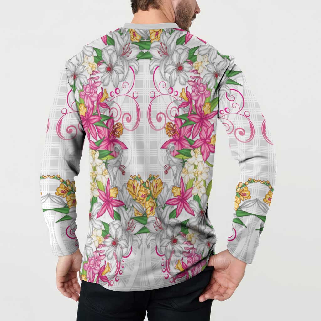 Hawaii Palaka Button Sweatshirt White Tribal Pattern With Tropical Flowers - Polynesian Pride