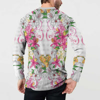 Hawaii Palaka Button Sweatshirt White Tribal Pattern With Tropical Flowers - Polynesian Pride