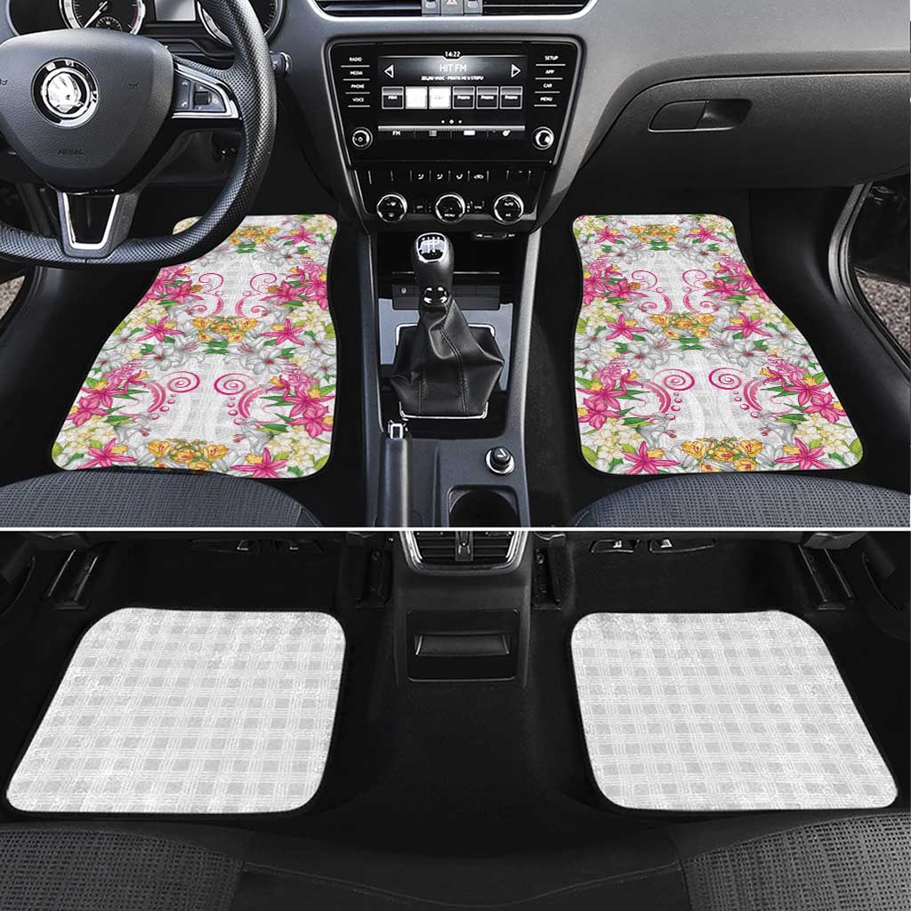 Hawaii Palaka Car Mats White Tribal Pattern With Tropical Flowers - Polynesian Pride