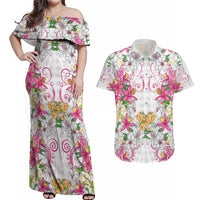 Hawaii Palaka Couples Matching Off Shoulder Maxi Dress and Hawaiian Shirt White Tribal Pattern With Tropical Flowers LT05 White - Polynesian Pride
