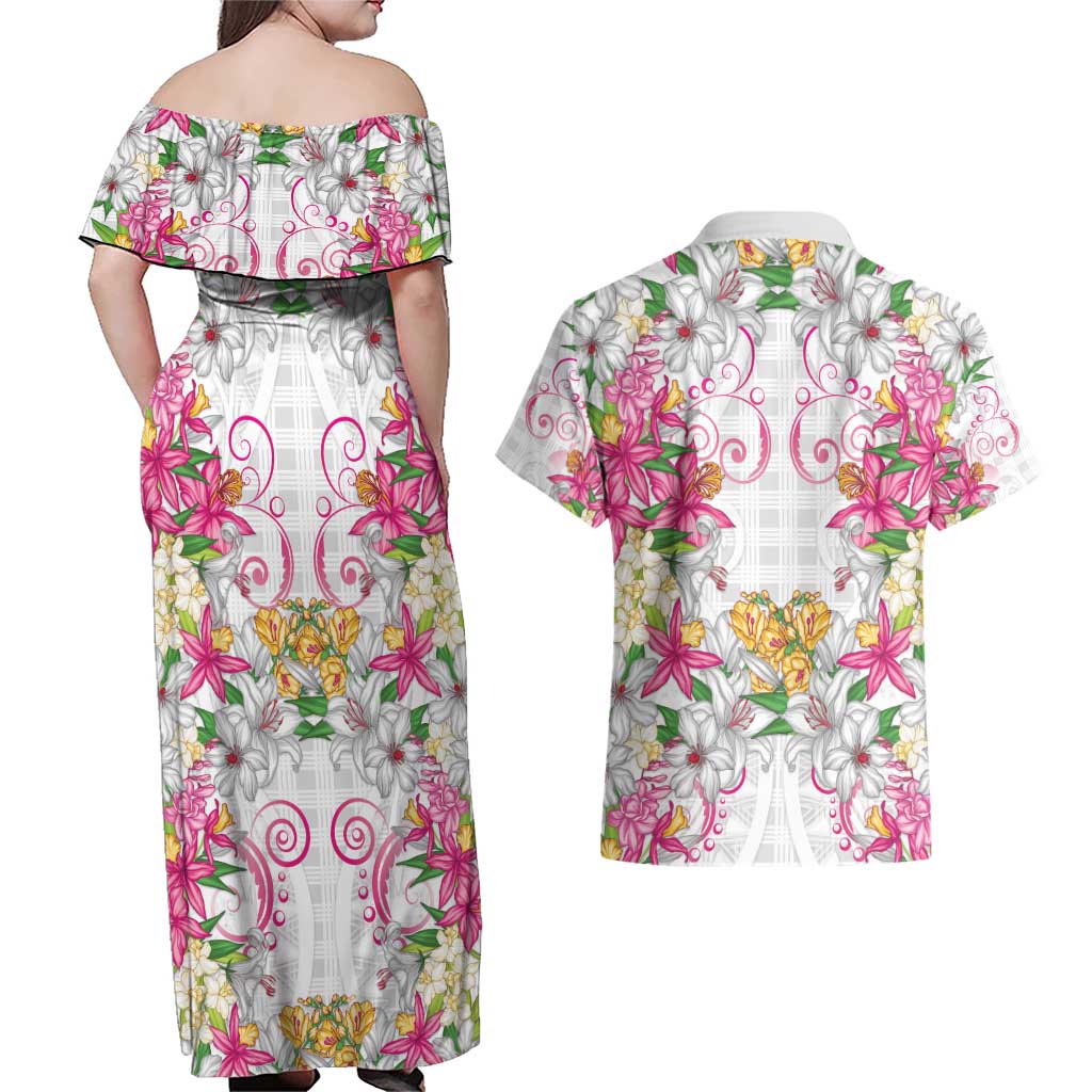 Hawaii Palaka Couples Matching Off Shoulder Maxi Dress and Hawaiian Shirt White Tribal Pattern With Tropical Flowers LT05 - Polynesian Pride