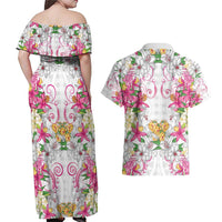 Hawaii Palaka Couples Matching Off Shoulder Maxi Dress and Hawaiian Shirt White Tribal Pattern With Tropical Flowers LT05 - Polynesian Pride