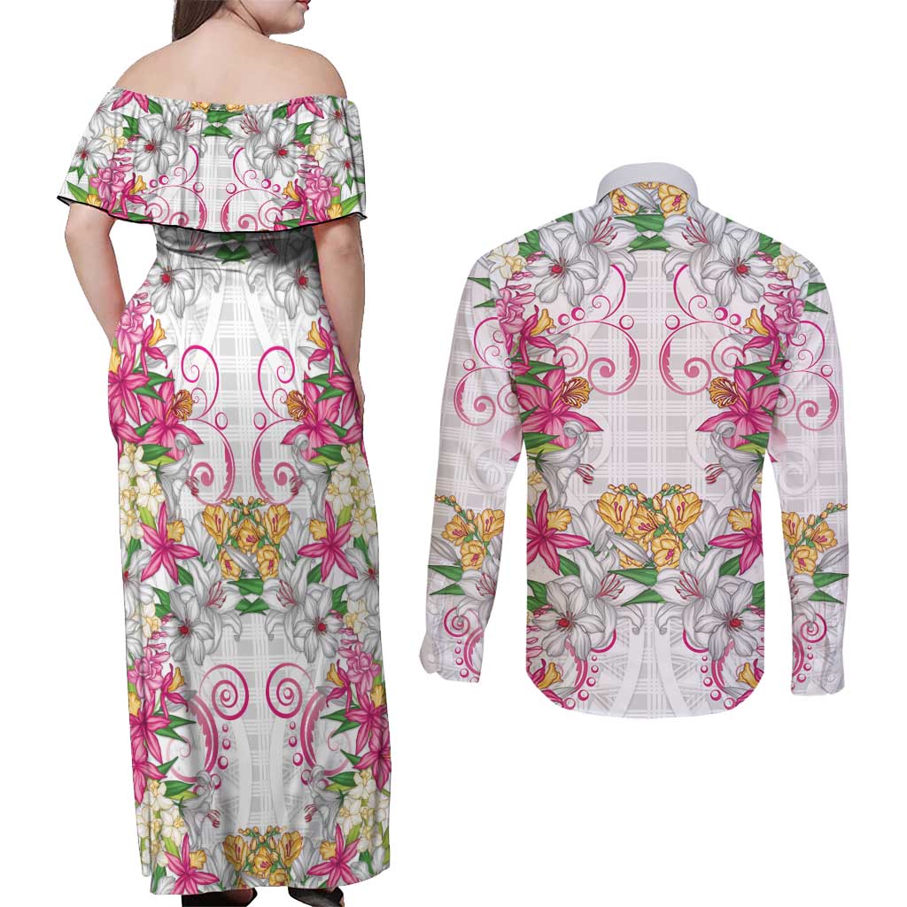 Hawaii Palaka Couples Matching Off Shoulder Maxi Dress and Long Sleeve Button Shirt White Tribal Pattern With Tropical Flowers - Polynesian Pride