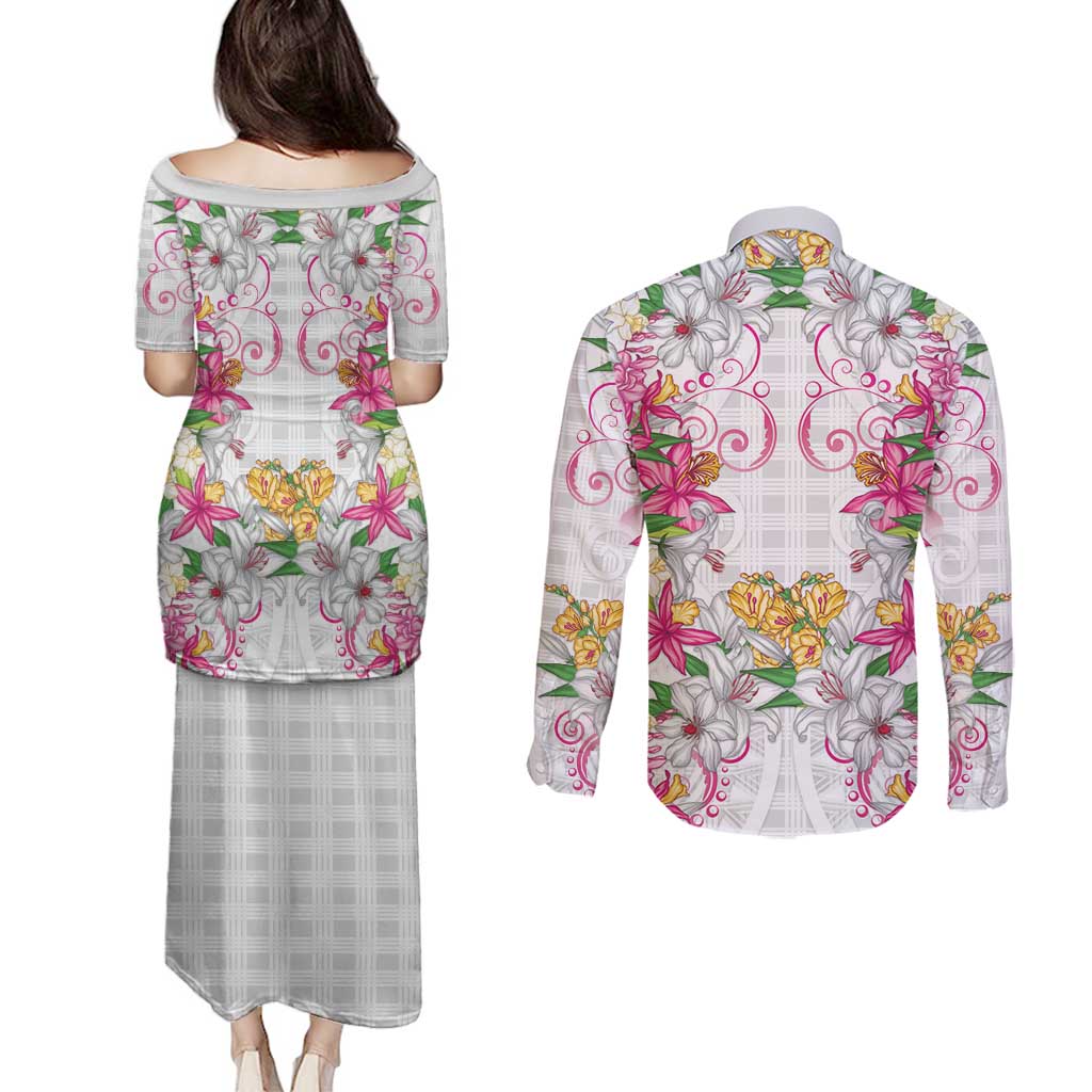 Hawaii Palaka Couples Matching Puletasi and Long Sleeve Button Shirt White Tribal Pattern With Tropical Flowers - Polynesian Pride