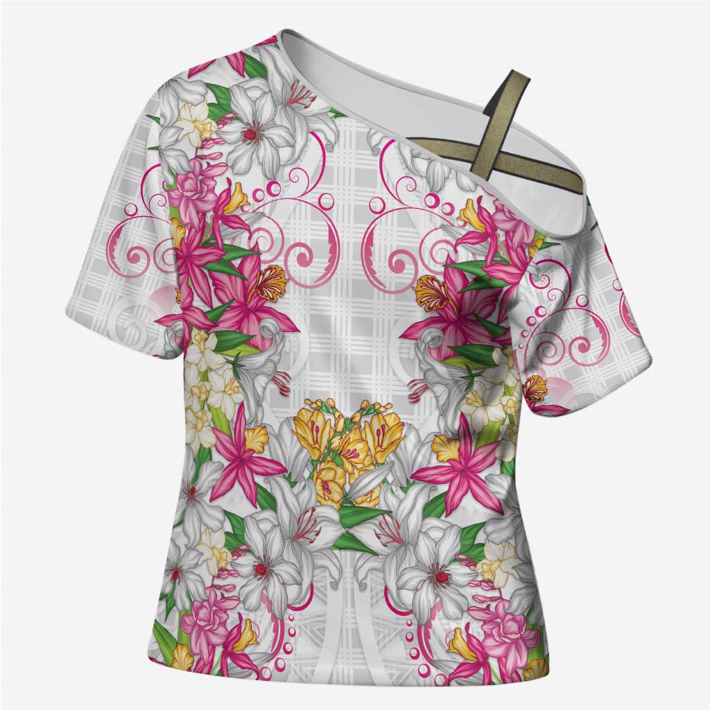 Hawaii Palaka Cross Shoulder Shirt White Tribal Pattern With Tropical Flowers - Polynesian Pride