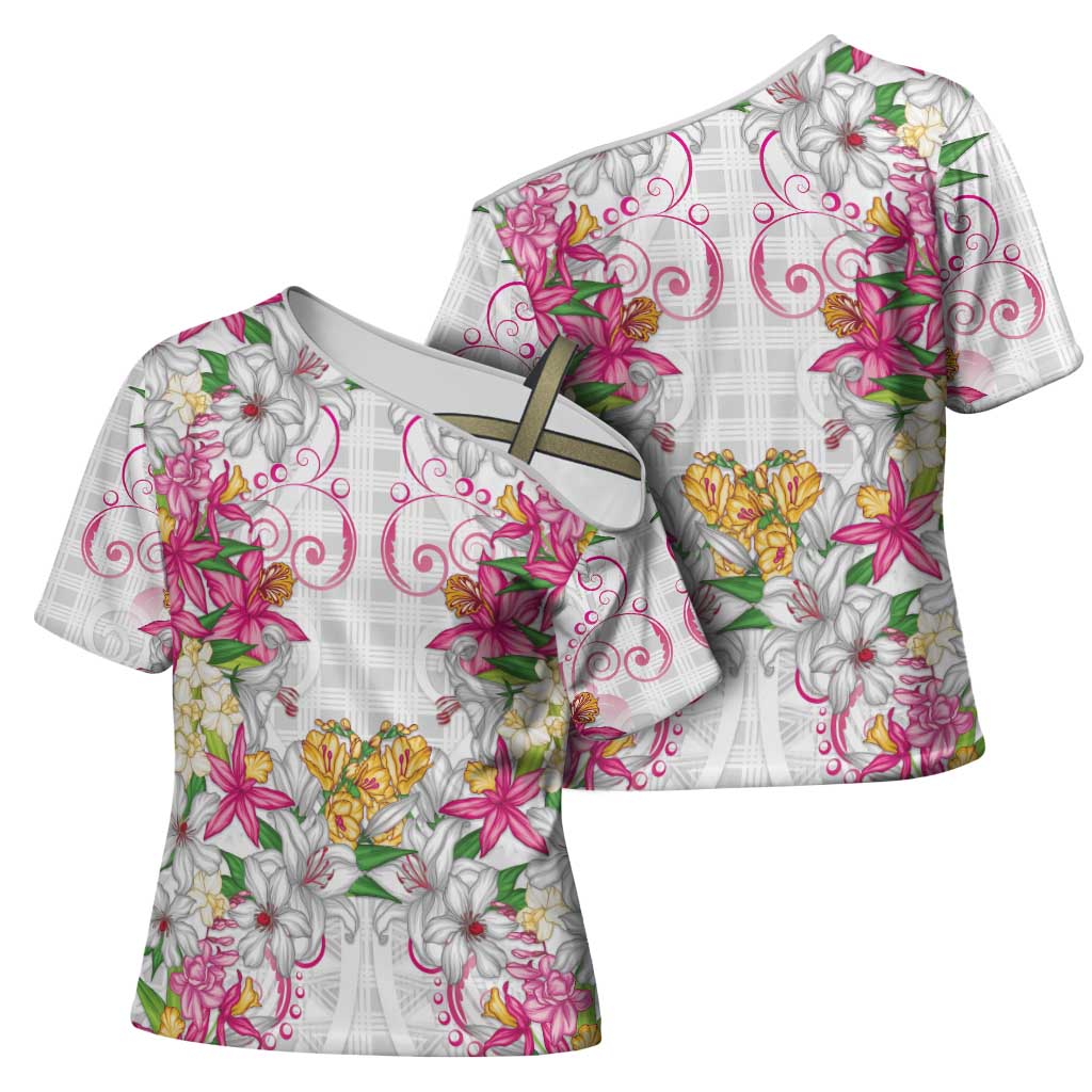Hawaii Palaka Cross Shoulder Shirt White Tribal Pattern With Tropical Flowers - Polynesian Pride