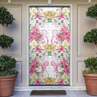 Hawaii Palaka Door Cover White Tribal Pattern With Tropical Flowers - Polynesian Pride