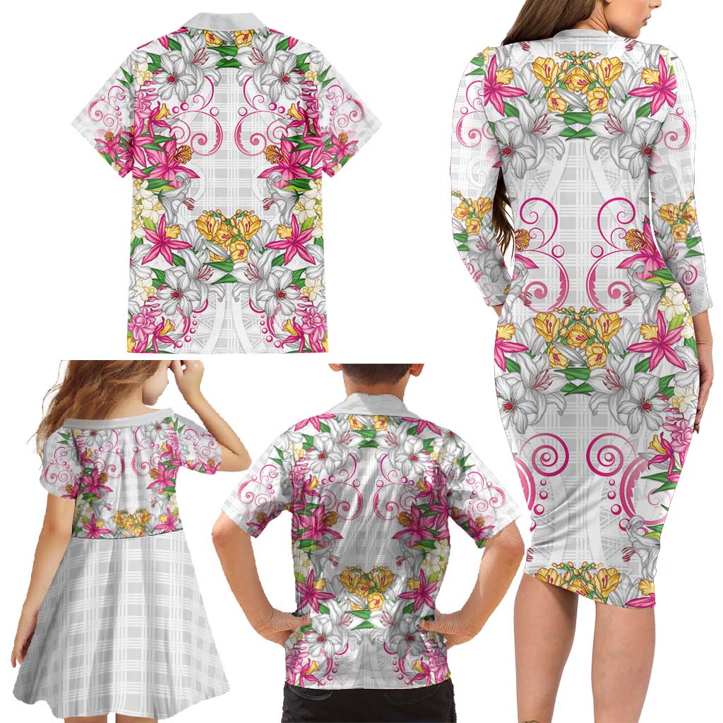 Hawaii Palaka Family Matching Long Sleeve Bodycon Dress and Hawaiian Shirt White Tribal Pattern With Tropical Flowers - Polynesian Pride