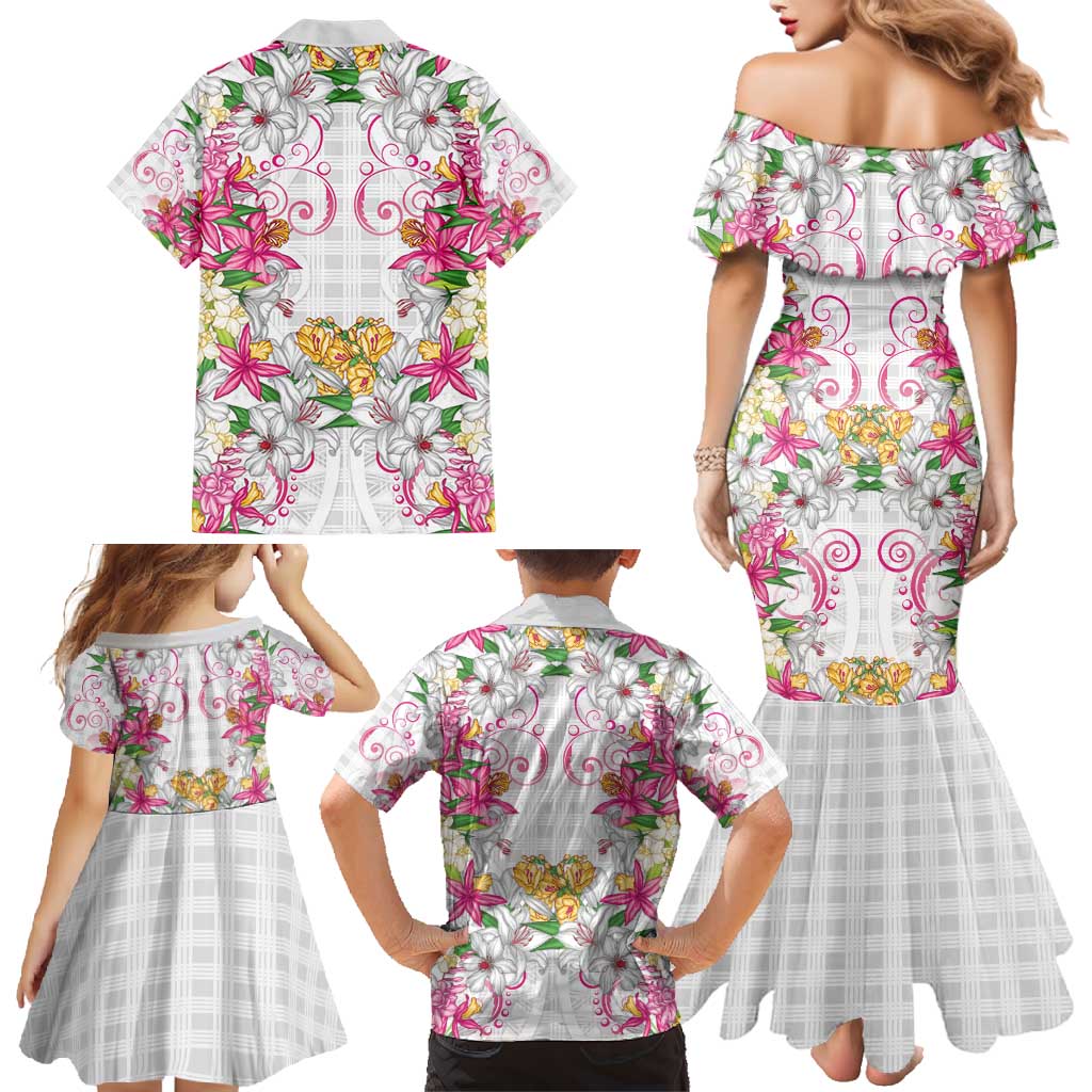 Hawaii Palaka Family Matching Mermaid Dress and Hawaiian Shirt White Tribal Pattern With Tropical Flowers - Polynesian Pride