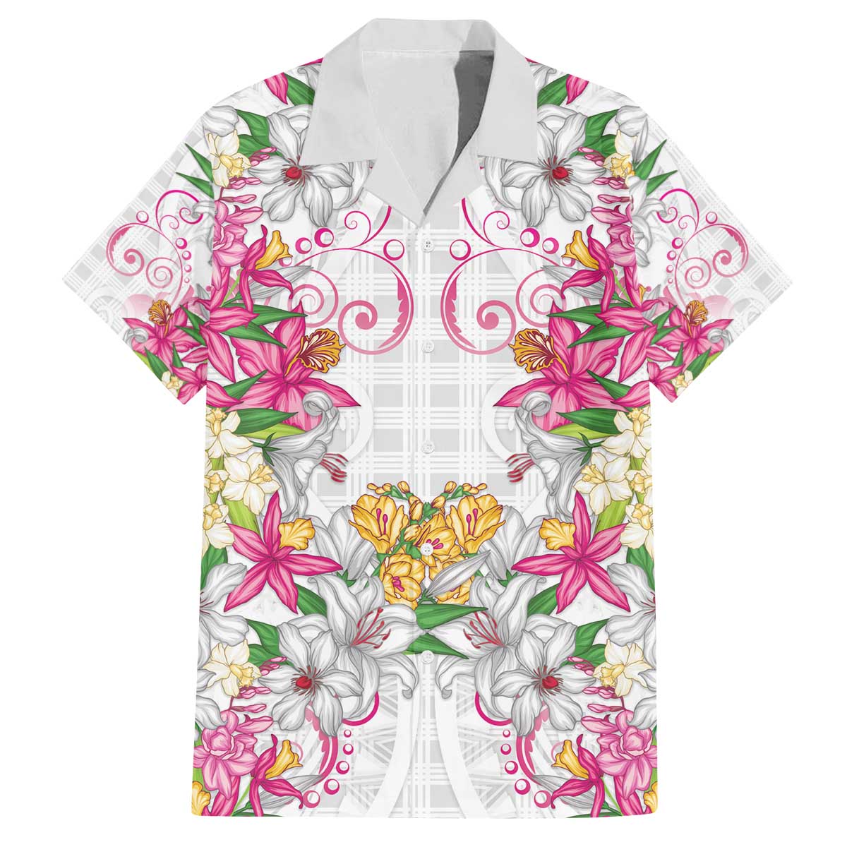 Hawaii Palaka Family Matching Off The Shoulder Long Sleeve Dress and Hawaiian Shirt White Tribal Pattern With Tropical Flowers - Polynesian Pride