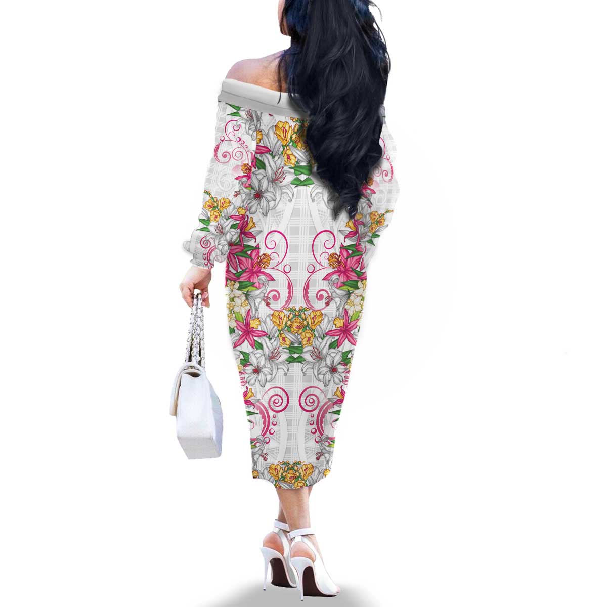 Hawaii Palaka Family Matching Off The Shoulder Long Sleeve Dress and Hawaiian Shirt White Tribal Pattern With Tropical Flowers - Polynesian Pride