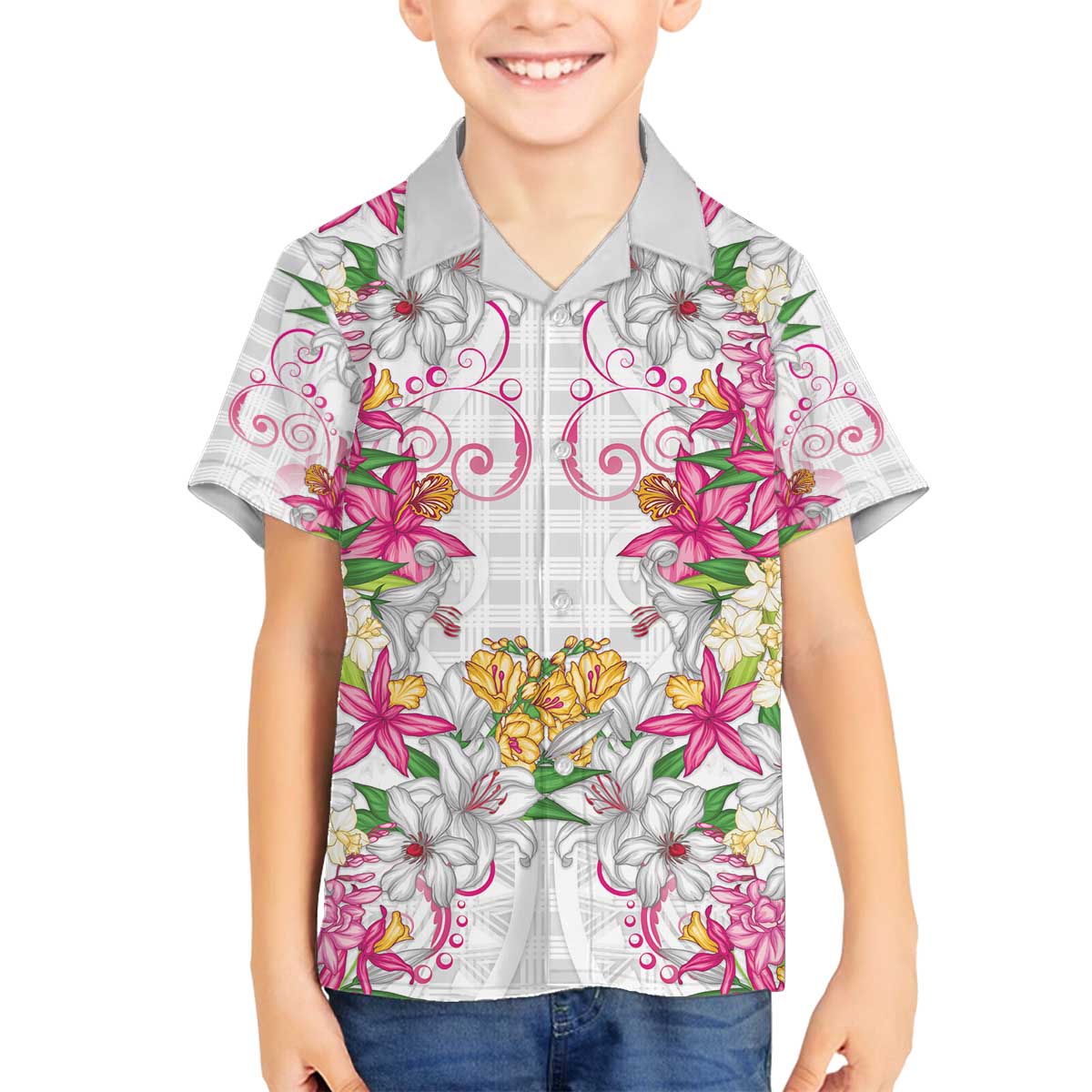 Hawaii Palaka Family Matching Off The Shoulder Long Sleeve Dress and Hawaiian Shirt White Tribal Pattern With Tropical Flowers - Polynesian Pride