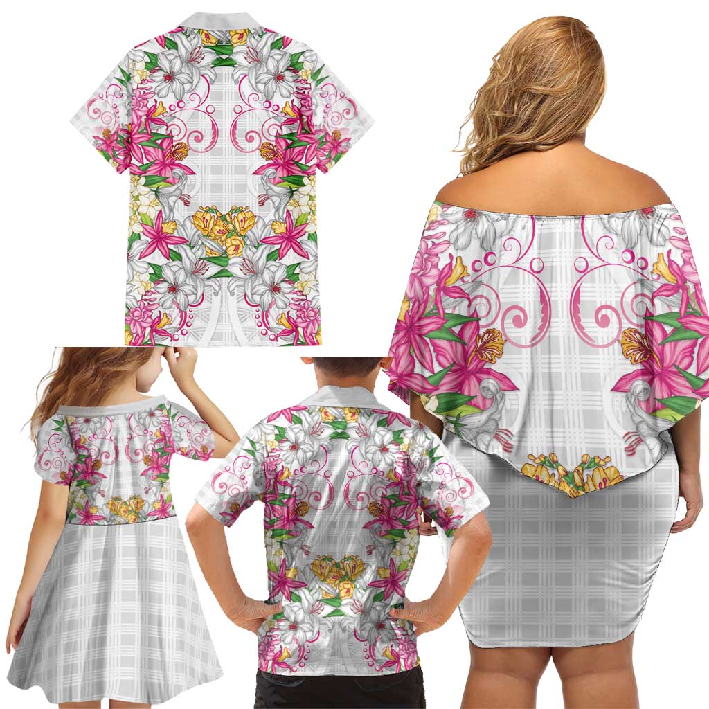 Hawaii Palaka Family Matching Off Shoulder Short Dress and Hawaiian Shirt White Tribal Pattern With Tropical Flowers - Polynesian Pride