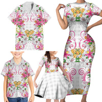 Hawaii Palaka Family Matching Short Sleeve Bodycon Dress and Hawaiian Shirt White Tribal Pattern With Tropical Flowers - Polynesian Pride