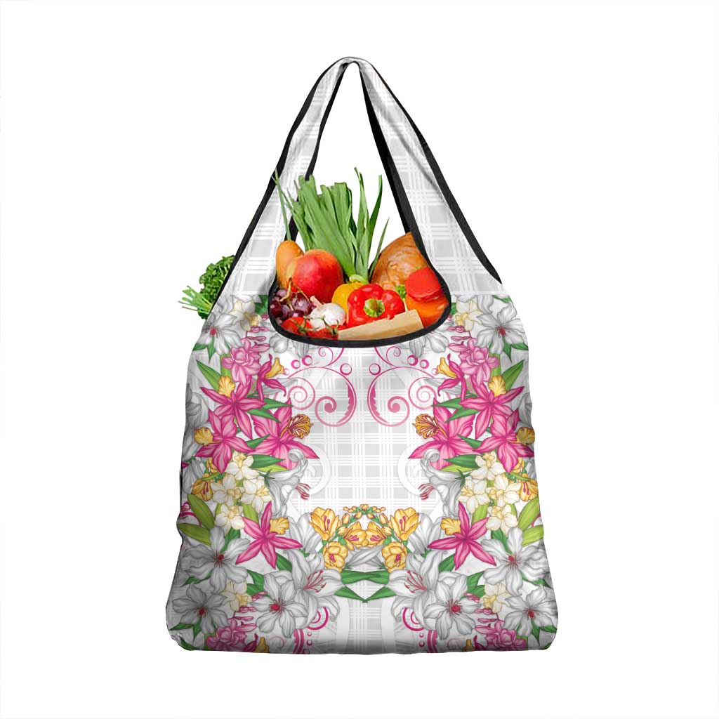 Hawaii Palaka Grocery Bag White Tribal Pattern With Tropical Flowers - Polynesian Pride
