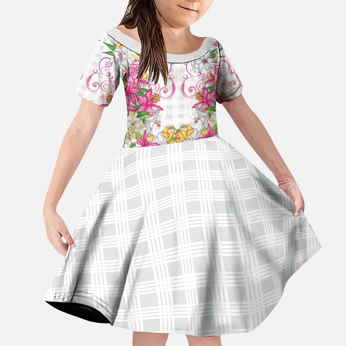 Hawaii Palaka Kid Short Sleeve Dress White Tribal Pattern With Tropical Flowers - Polynesian Pride