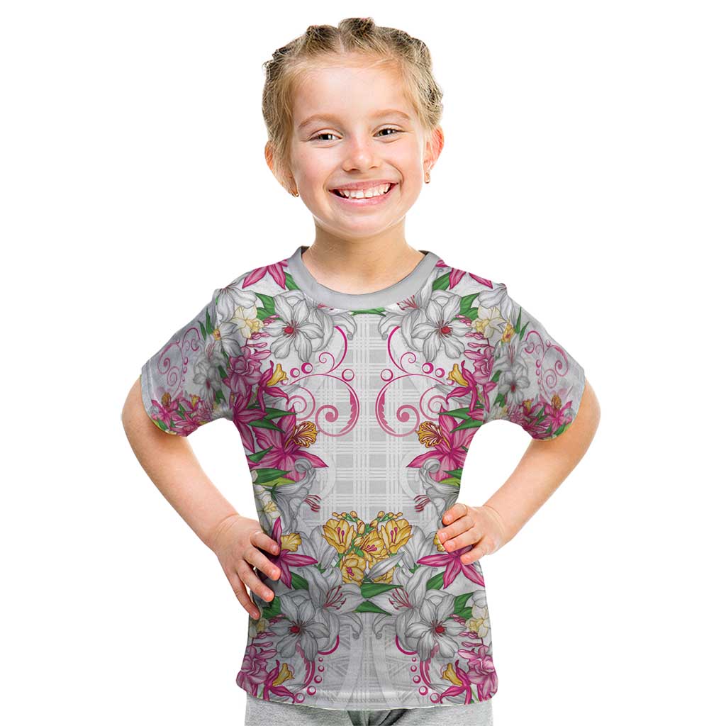 Hawaii Palaka Kid T Shirt White Tribal Pattern With Tropical Flowers - Polynesian Pride